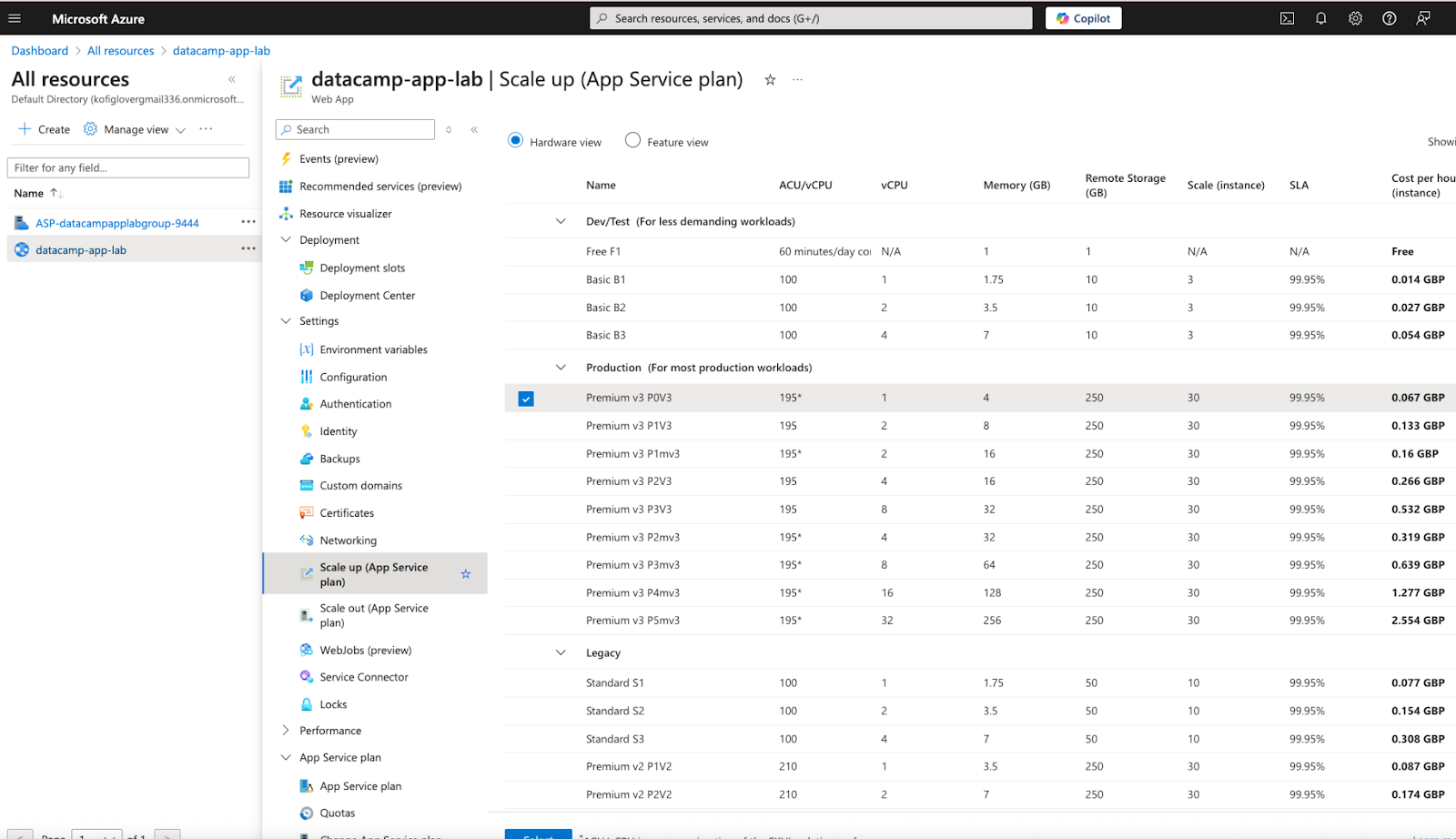 Dimensionamento de um plano do Serviço de Aplicativo do Azure.
