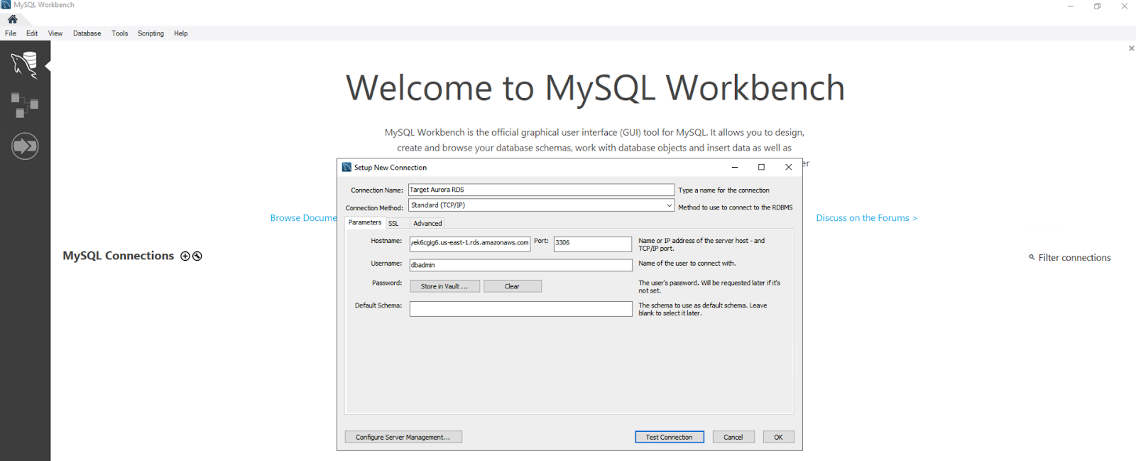 Interfaz de MySQL Workbench mostrando una nueva configuración de conexión con los campos de nombre de host, puerto, nombre de usuario y contraseña.