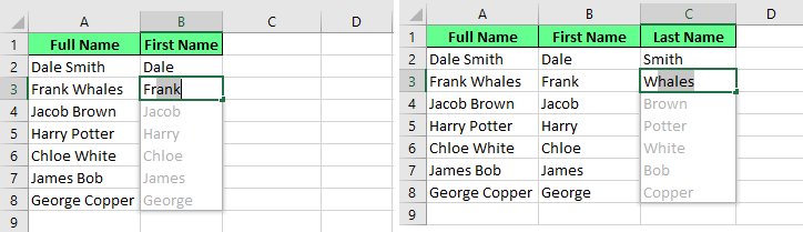 Extraer el apellido y el nombre del nombre completo utilizando Flash Fill en Excel.