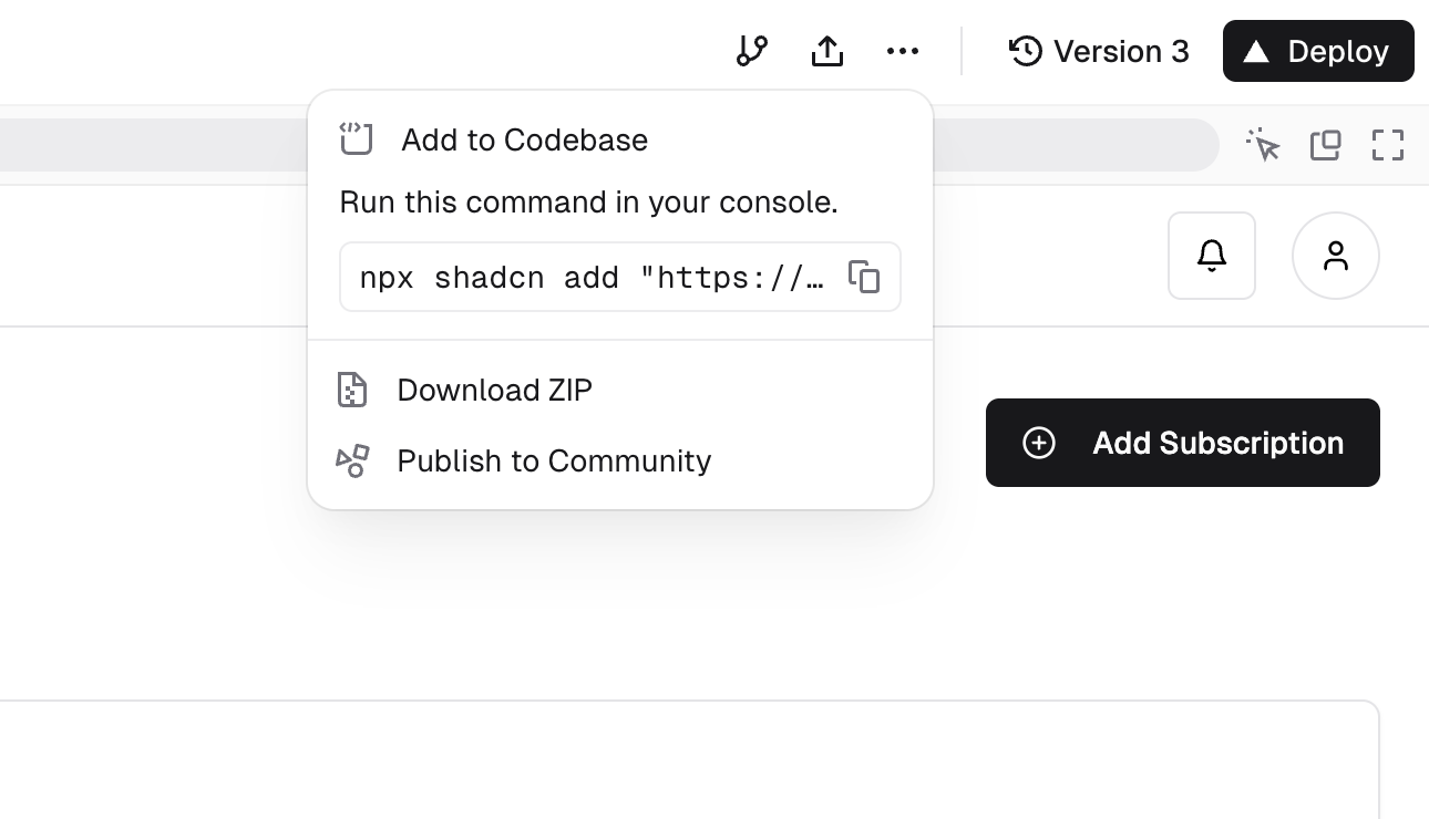 "Add to codebase" modal in v0 vercel