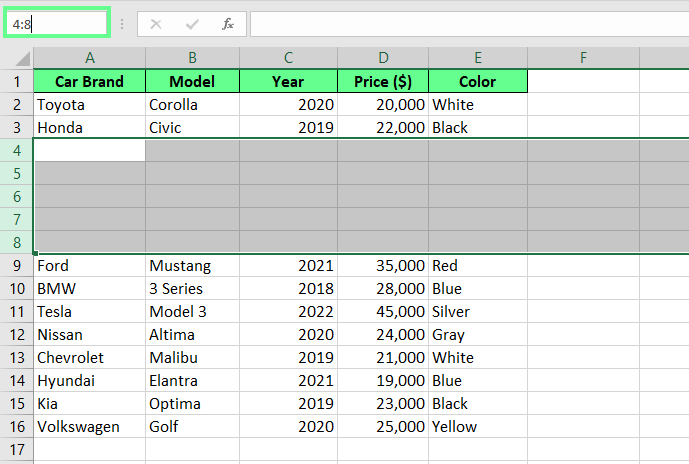 Neue Zeilen werden in Excel mit der Namensfeldtechnik hinzugefügt.