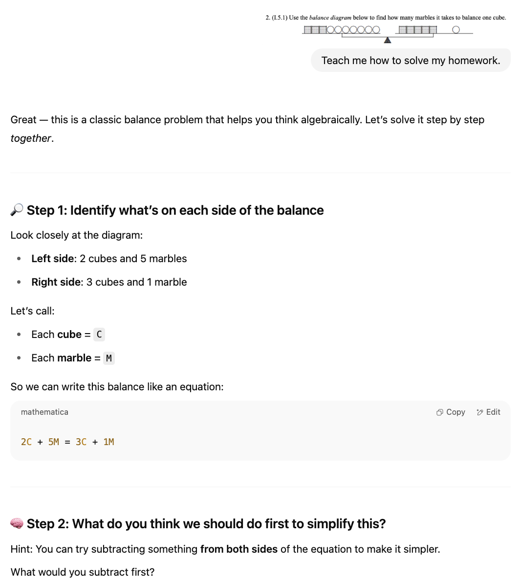 Ajuda com os deveres de matemática usando o modo de estudo do ChatGPT, com um diagrama de equilíbrio com cubos e bolinhas de gude, que mostra aos usuários os passos algébricos para resolver o problema de forma interativa.