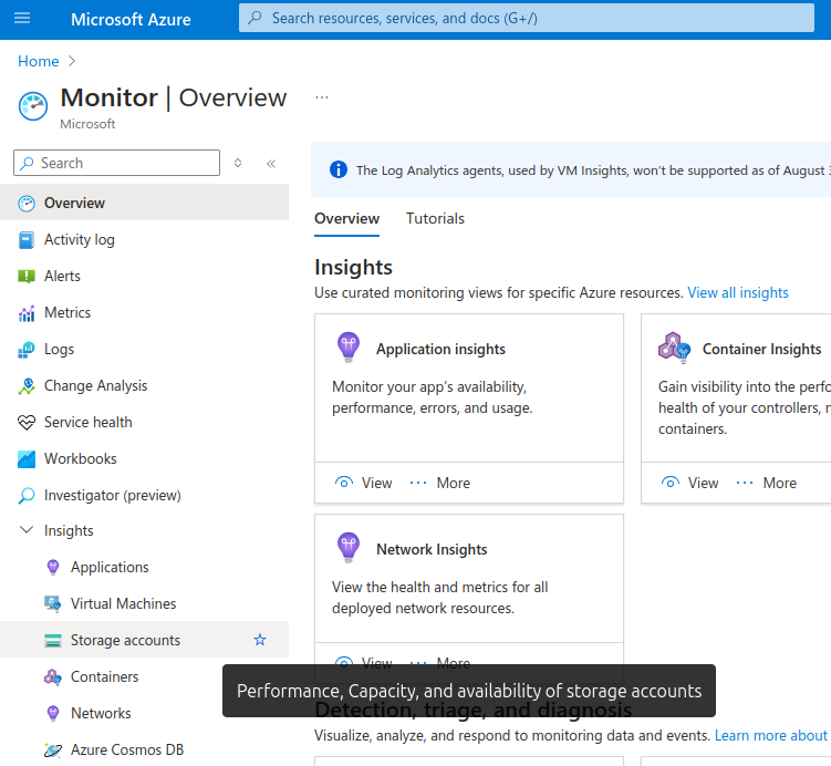 Azure Storage account insights page
