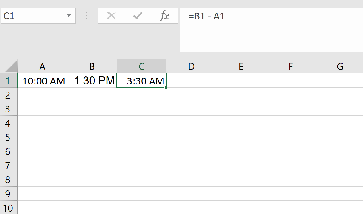 Captura de pantalla de Excel que muestra el cálculo de una diferencia horaria utilizando la fórmula =B1 - A1 en la celda C1. La hora de inicio en A1 es 10:00 AM, la hora final en B1 es 13:30 PM, y la duración resultante mostrada en C1 es 3:30 AM.