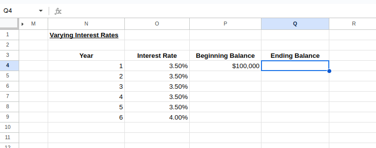 Setting up a table for varying interest rates.