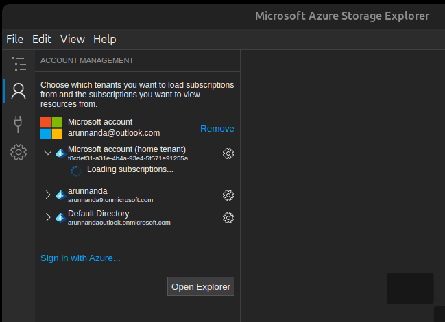 Storage Explorer after connecting using Azure account