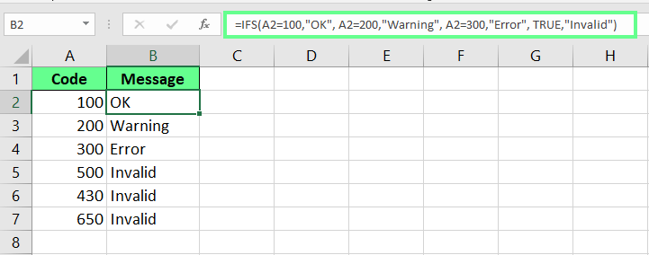 Mostre uma mensagem com base no código usando a função IFS() no Excel.