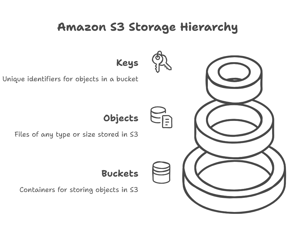 Componentes principales de Amazon S3. Fuente: Imagen de Napkin AI