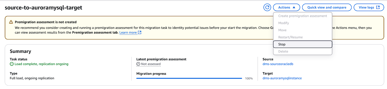 Detención de la tarea de migración a AWS DMS