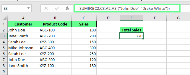 Utilisation de la formule de tableau dans SUMIFS() dans Excel.