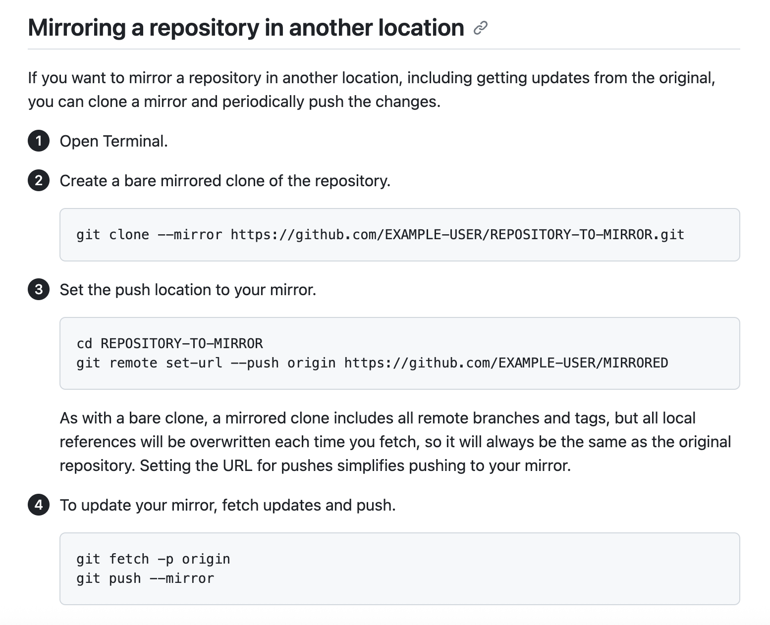 GitHub documentation on mirroring a repository