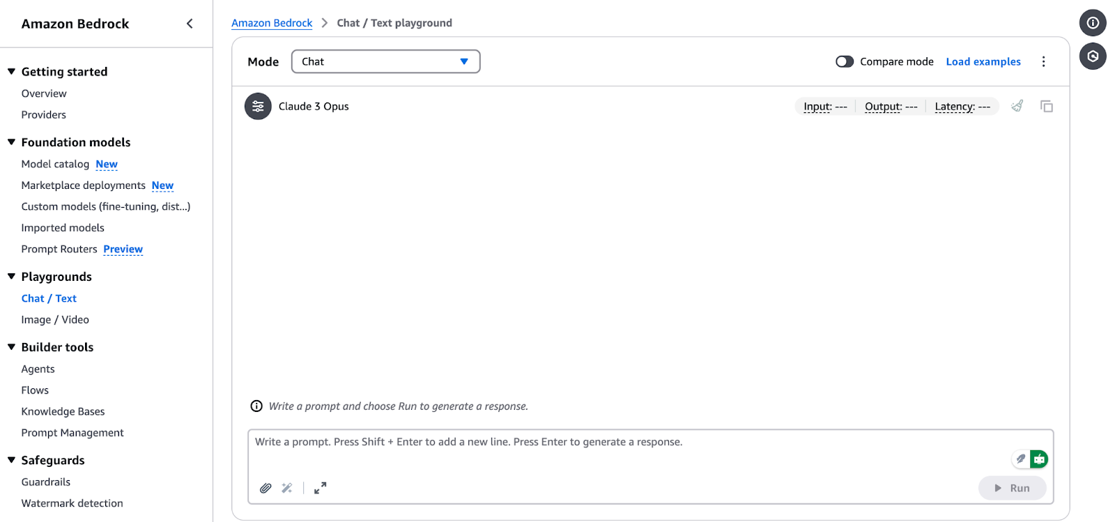 Screenshot des Amazon Bedrock Chat/Text Playground mit dem Modell Claude 3 Opus. Die Benutzeroberfläche enthält Optionen, um eine Aufforderung einzugeben, Antworten auszuführen und verschiedene Modelle zu vergleichen. Auf der linken Seite findest du Optionen wie "Erste Schritte", "Gründungsmodelle", "Spielplätze", "Erstellungswerkzeuge" und "Schutzmaßnahmen".