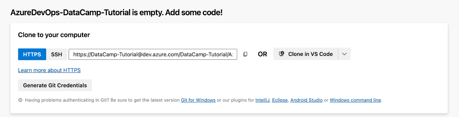 Clone your repository to your computer or local machine to start working with your code locally.

This command downloads a copy of the repository from Azure DevOps to your local machine, allowing you to manage and update your code efficiently.