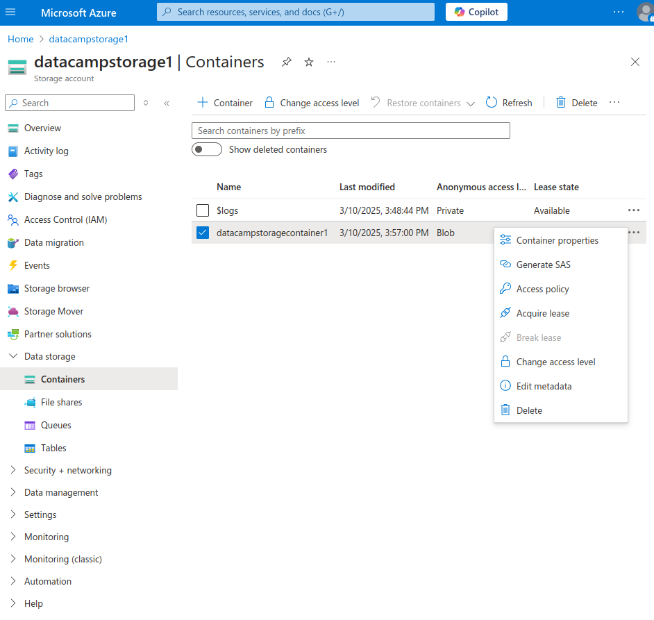Azure Storage Container context menu