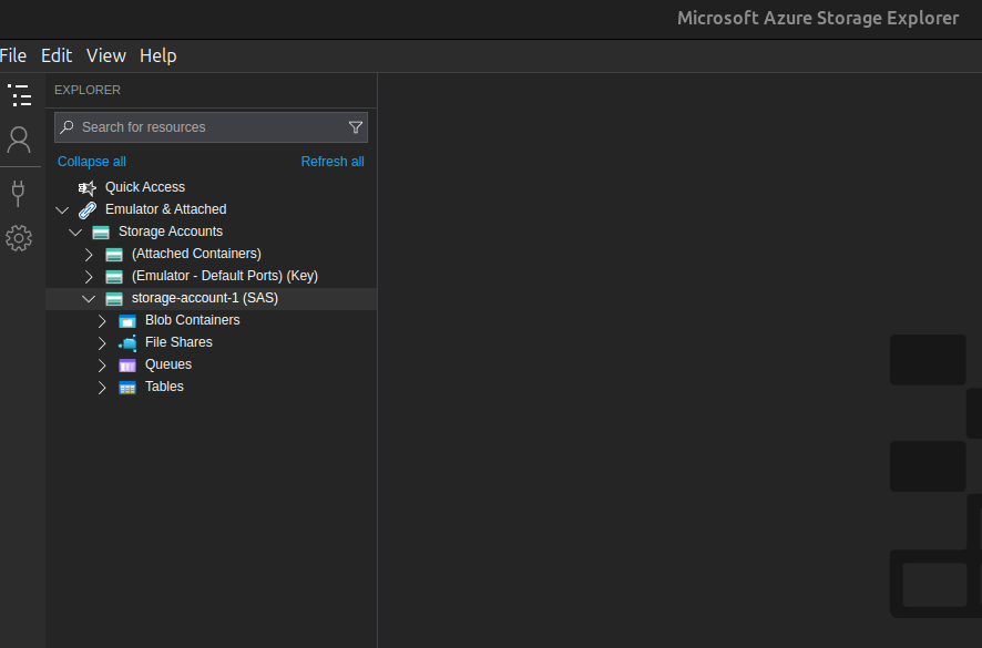 Sidebar after connecting to a Storage account using SAS