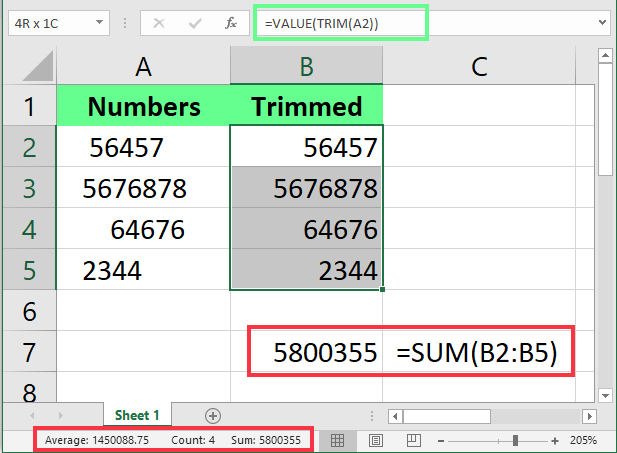 Kombiniere TRIM innerhalb der VALUE-Funktion, um die numerischen Werte in Excel zu fixieren.