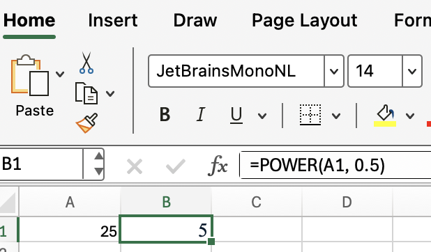 Raiz quadrada no Excel usando POWER()