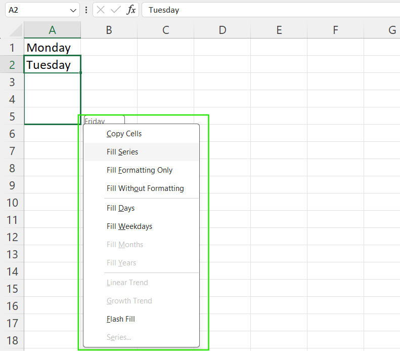 Excel AutoFill Options for weekdays