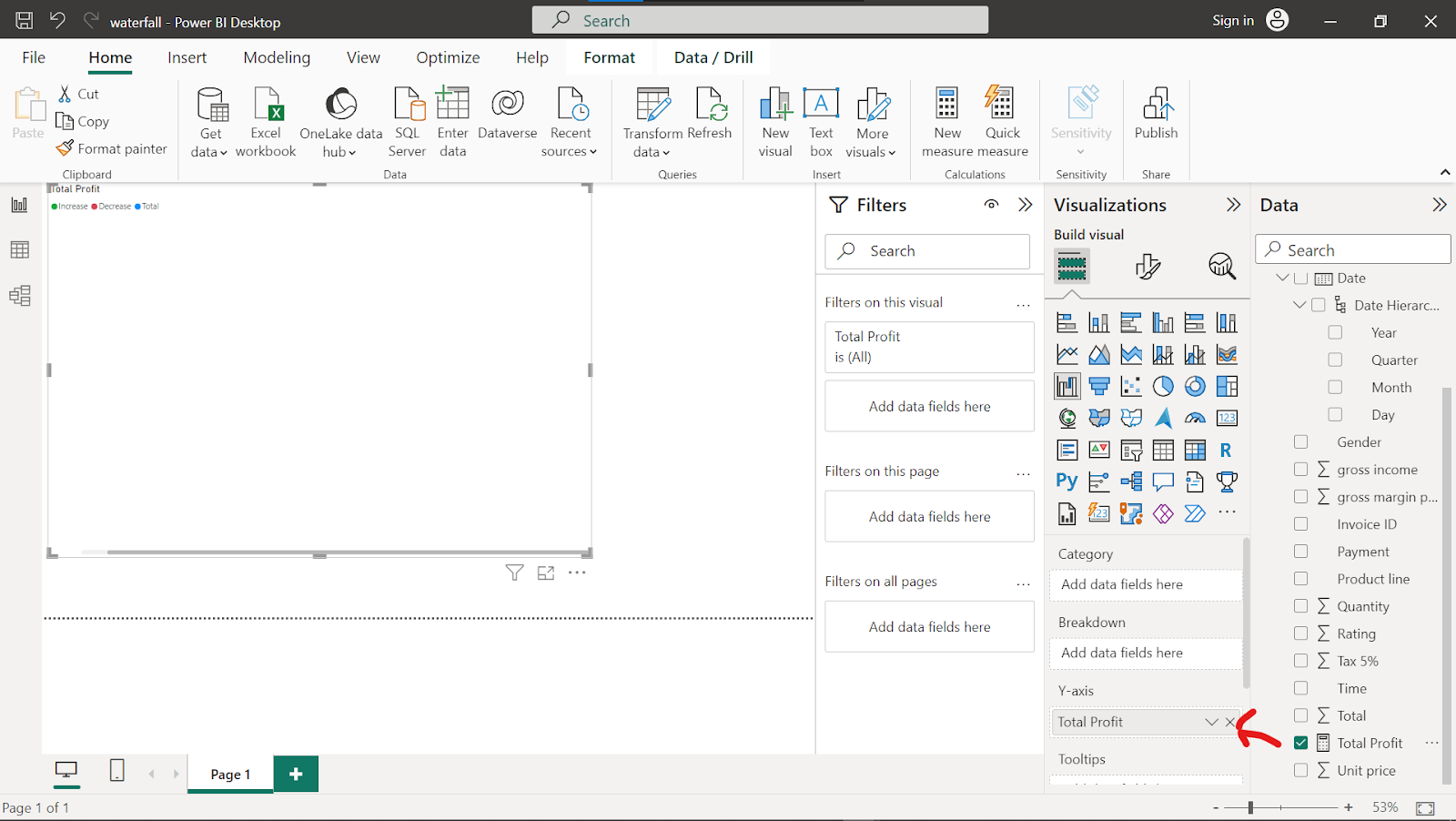 Image showing how to add the Total Profit to the Y-axis of the waterfall chart