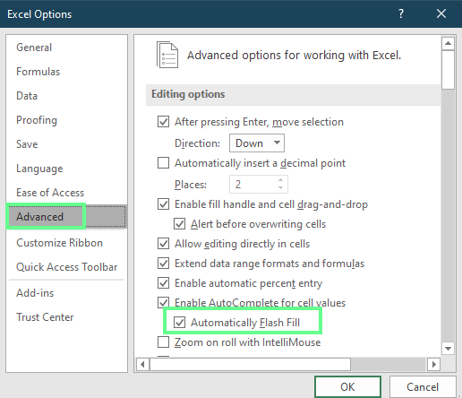 Activar o desactivar el Relleno Flash automático en Excel