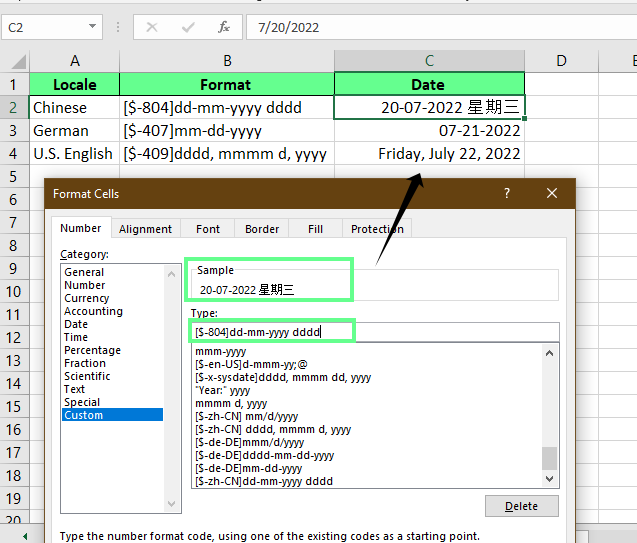 Personnalisez le format de date pour différentes langues dans Excel.