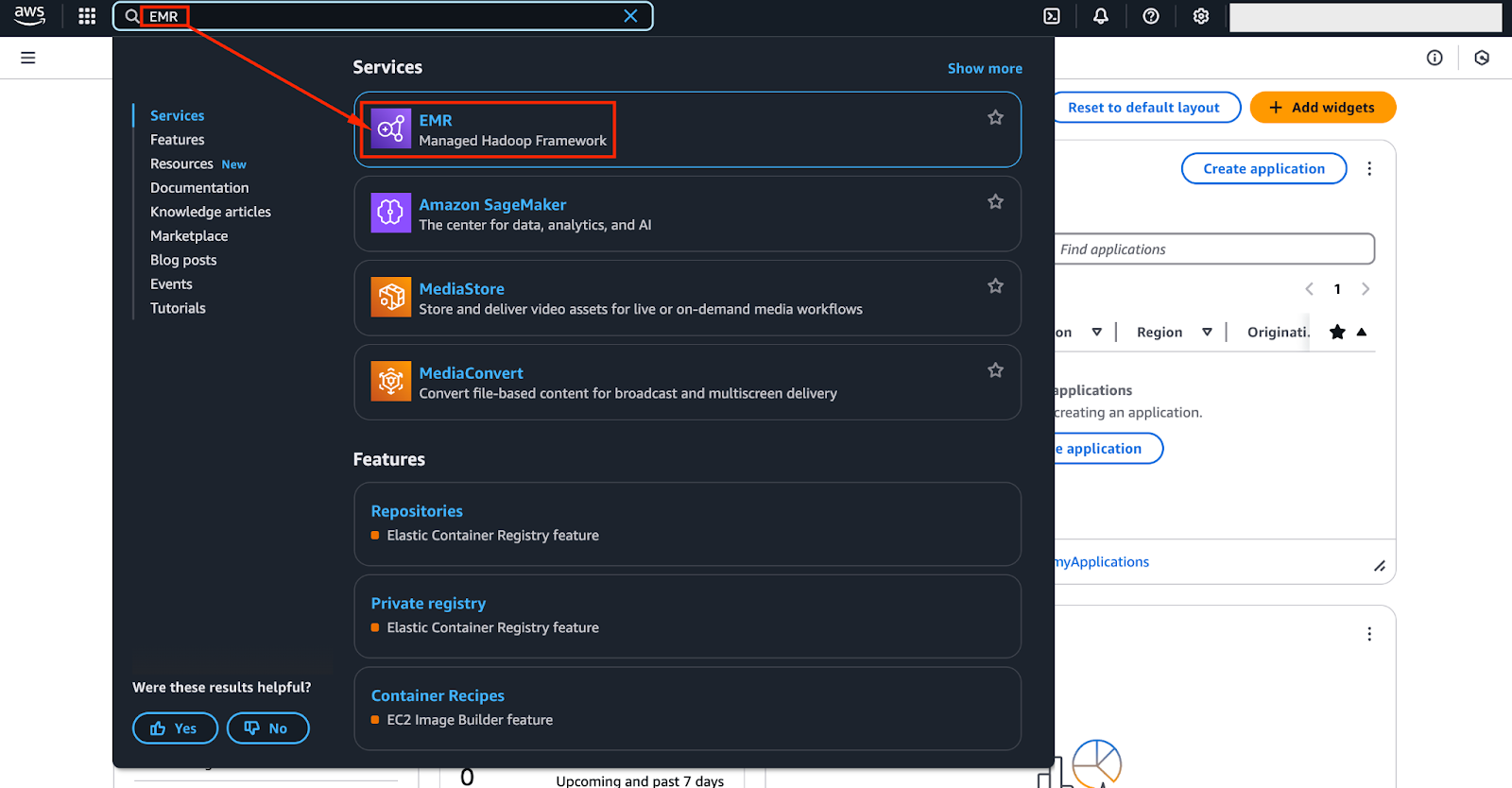 Screenshot of the AWS Management Console with 'EMR' typed in the search panel.