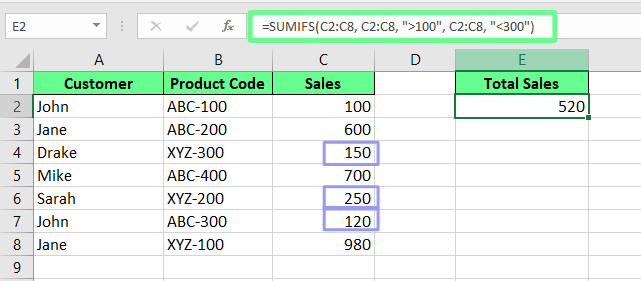 Additionner les valeurs d'une plage de nombres à l'aide de la fonction SUMIFS() dans Excel.