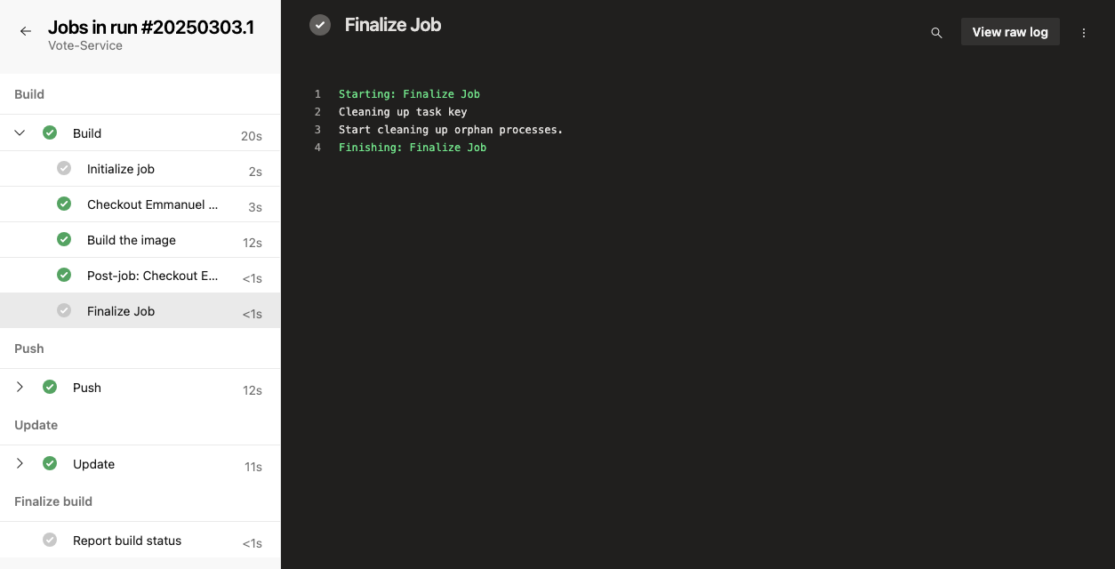 Résumé de l'exécution du pipeline montrant les options de travail (Build, Push, Update) pour accéder aux journaux bruts pour chaque étape.