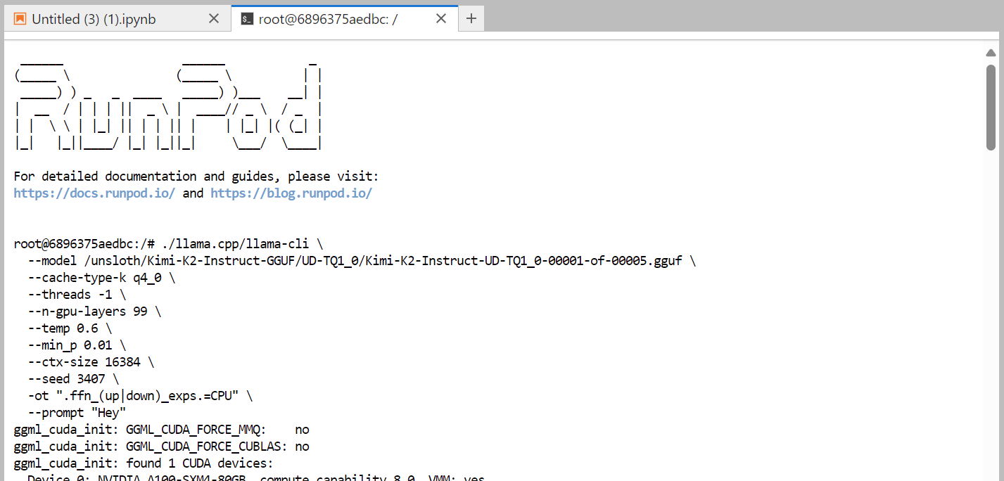 Terminal Jupyter Lab ejecutando llama-cli