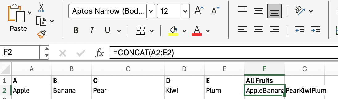 Unindo um intervalo de células usando o CONCAT do Excel