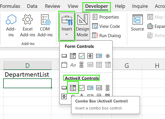 Using ActiveX Controls Combo Box for drop-down lists in Excel.