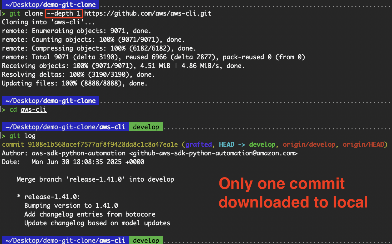 Only one commit history present from shallow clone