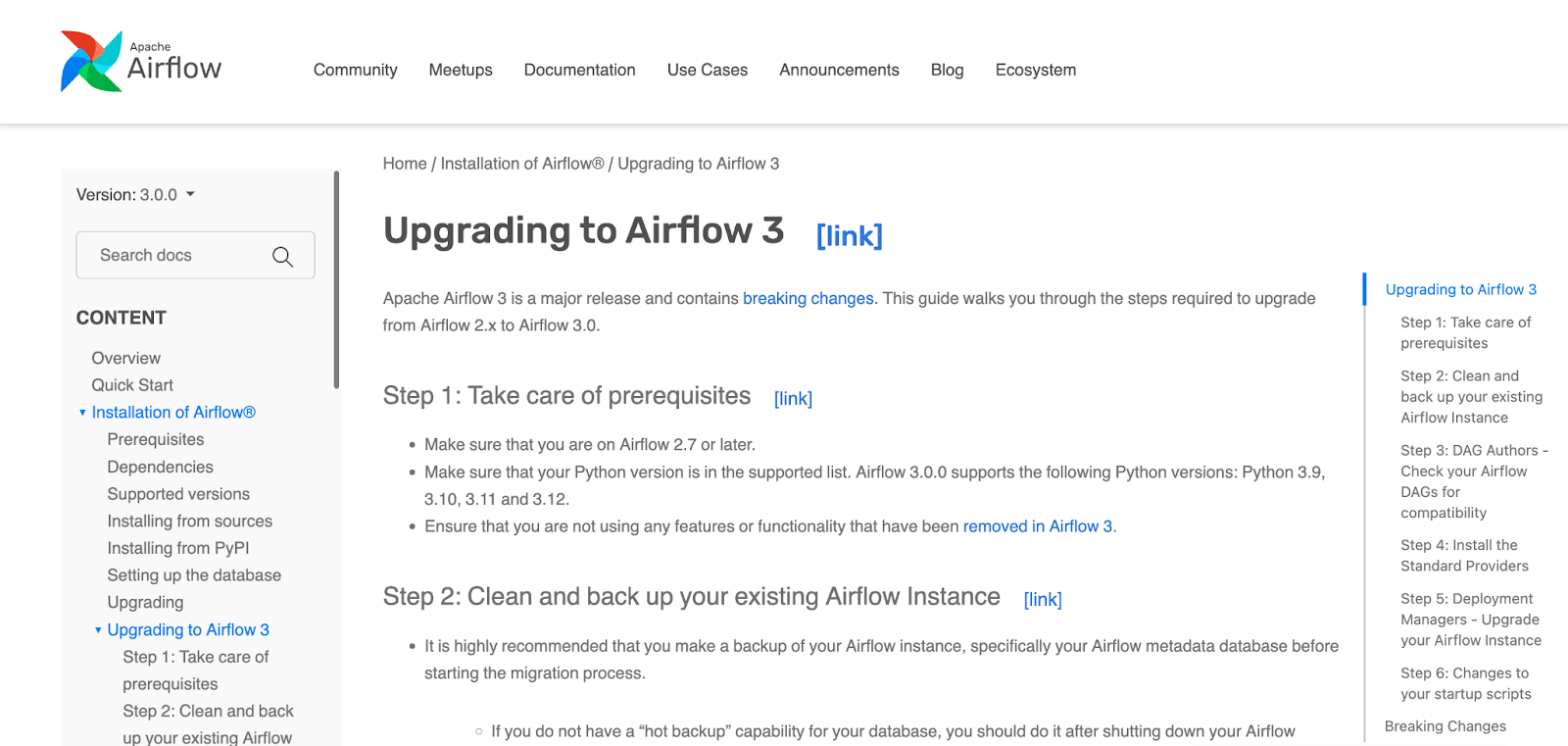 Captura de pantalla de la página web de Apache Airflow al actualizar a 3.0.