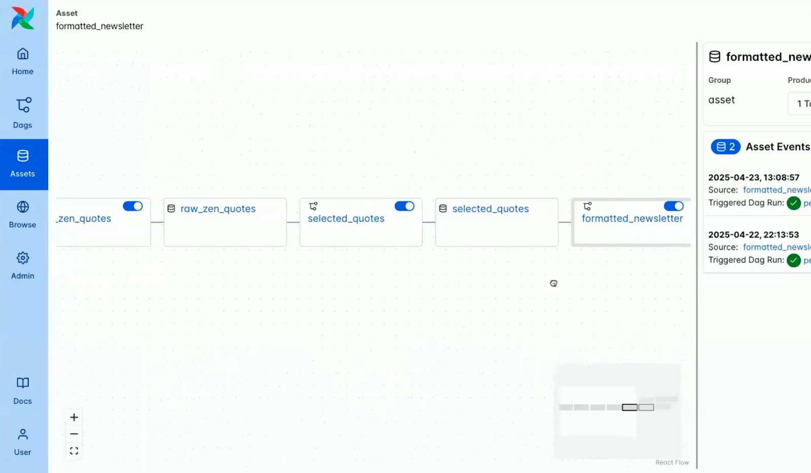 Captura de pantalla de los activos dentro de la consola Airflow.