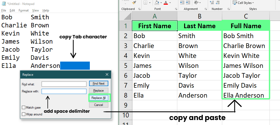 Zellen mit Notepad und Excel zusammenführen.