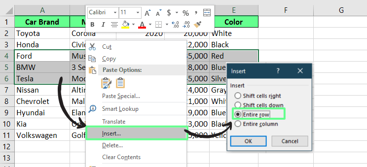 Einfügen neuer Zeilen mit der Einfügeoption in Excel.