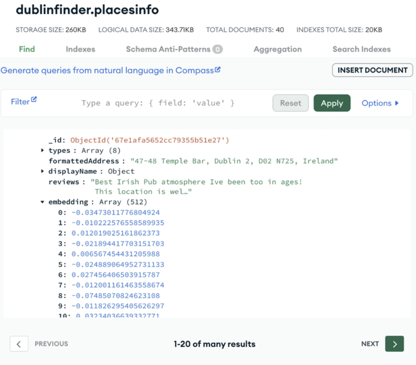 Ein Beispiel für die Speicherung deiner Vektoreinbettung neben deinen Quelldaten in MongoDB Atlas