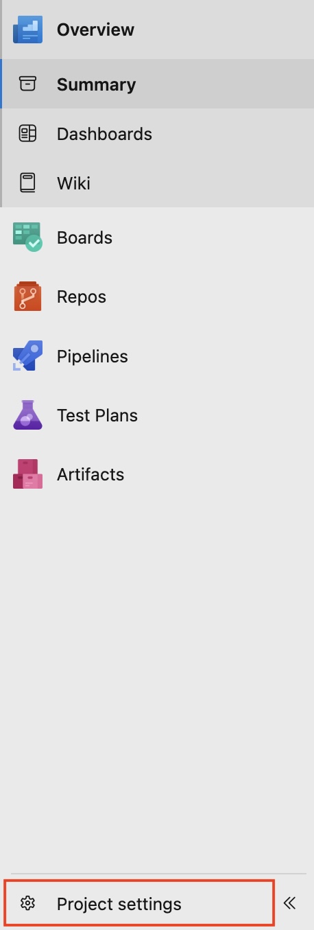 L'interface Azure DevOps montre l'option Project Settings dans le coin inférieur gauche pour lier les services Azure.