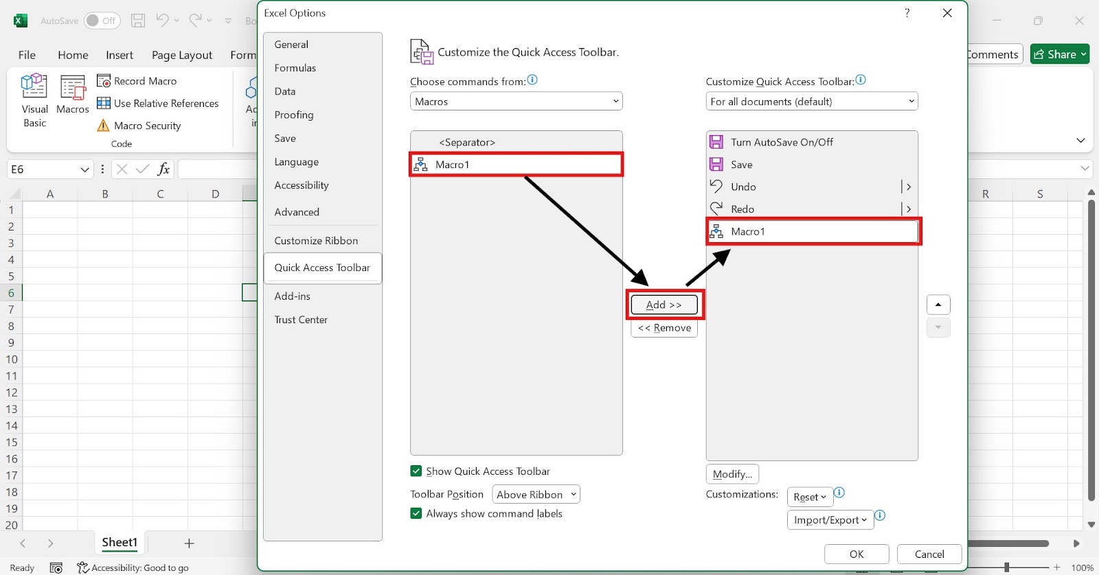 Adding macros to the Quick Access toolbar
