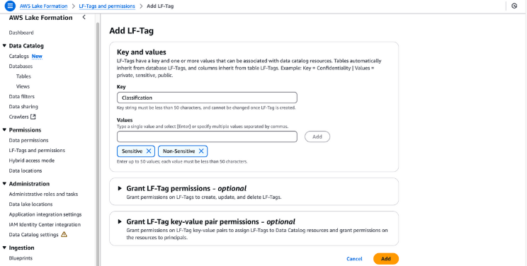 Capture d'écran de la page "Add LF-Tag" d'AWS Lake Formation montrant les options permettant de définir la clé et les valeurs, d'accorder des permissions LF-Tag et d'attribuer des permissions de paires clé-valeur LF-Tag aux ressources du catalogue de données.