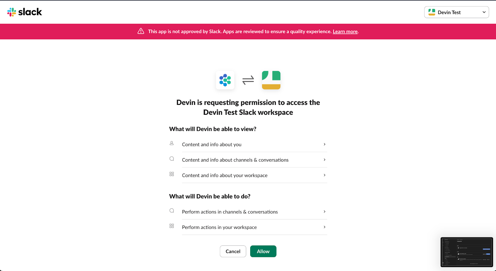 devin solicitando permissão para acessar o espaço de trabalho do slack