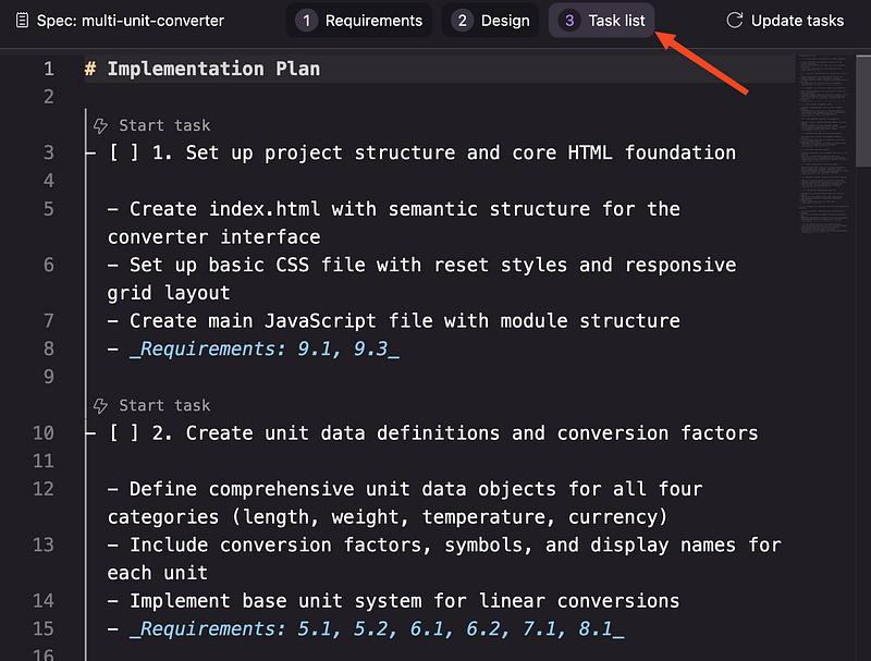 Liste des tâches Kiro IDE présentant plus de 25 étapes distinctes pour le développement d'une application web complexe.