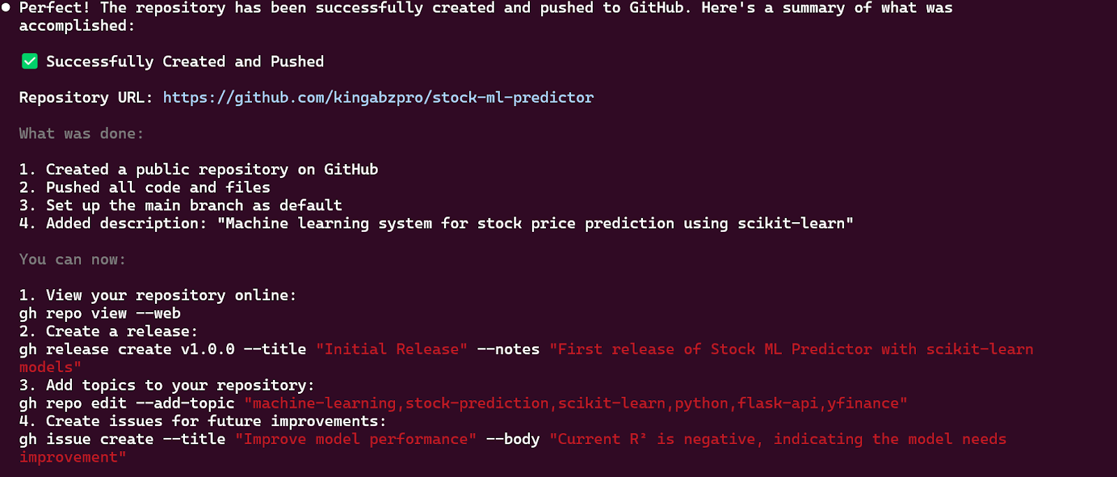 Claude Code using the GitHub CLI to push changes to a new repository.