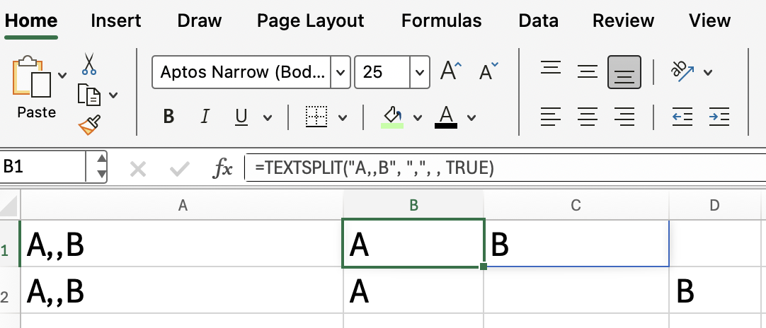 Excel TEXTSPLIT ignoriert leere Werte