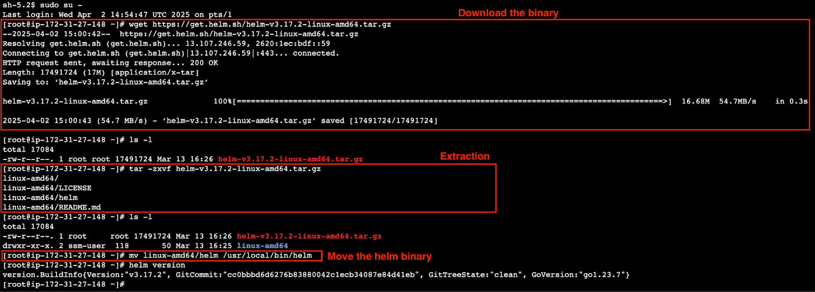 No Linux, faça download, extraia e mova o binário do helm