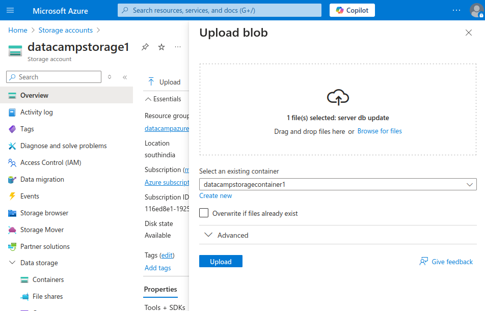 Azure Upload blob page