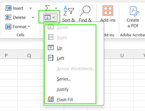 The Excel Fill option in the ribbon.