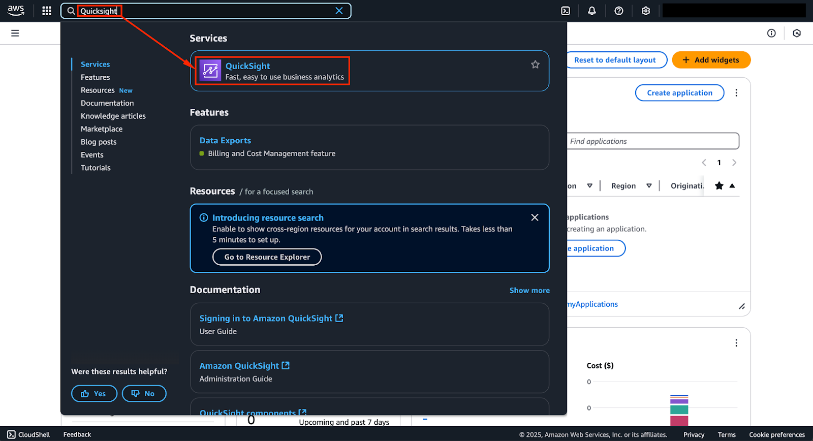 Capture d'écran de la console de gestion AWS avec "QuickSight" saisi dans la barre de recherche en haut.