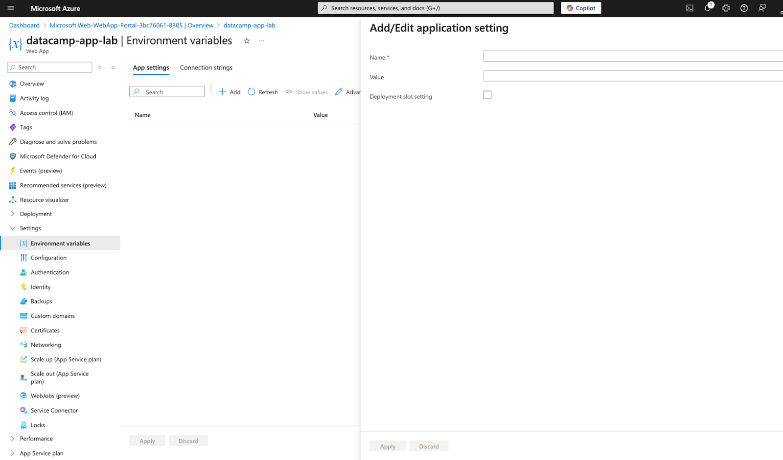 Configuração de variáveis de ambiente no Serviço de Aplicativo do Azure