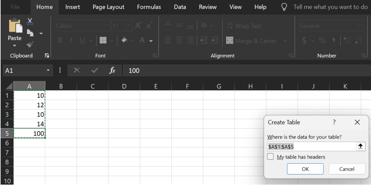 Press Ctrl+T in Excel